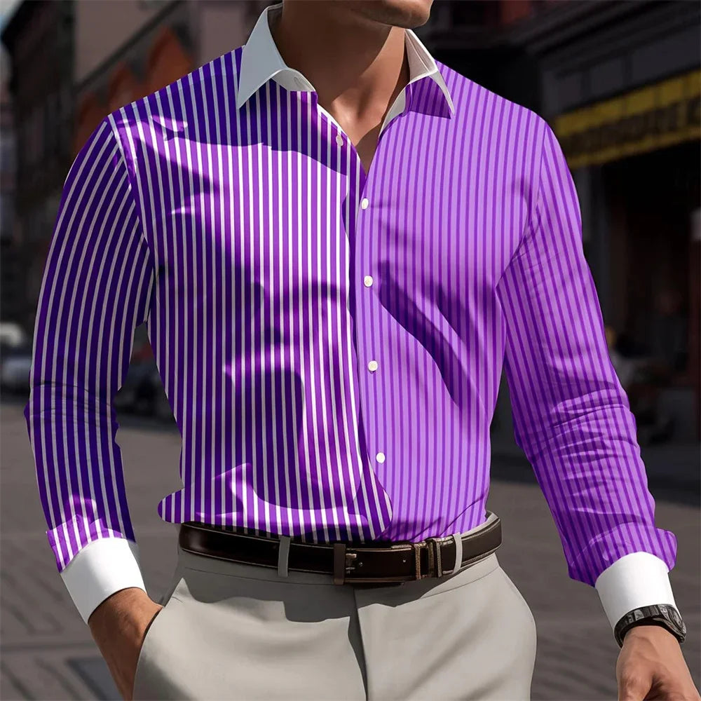 Men's long sleeved shirt striped spotted pattern 3D printed top for spring and autumn new fashion casual men's unisex clothing