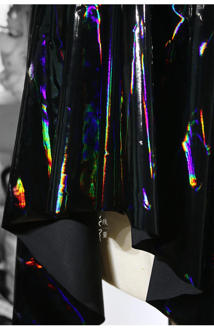 Black Iridescent Synthetic Leather Fabric Technology Oriented Micro Elastic TPU Fabrics Clothing Designer Cloth for Diy Sewing