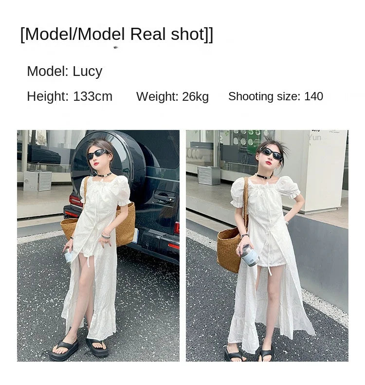 junior girls 2024 French Square Neck White Short Sleeve Dress Puff Sleeve Ruffle Long Skirt Premium teen kids princess Dresses