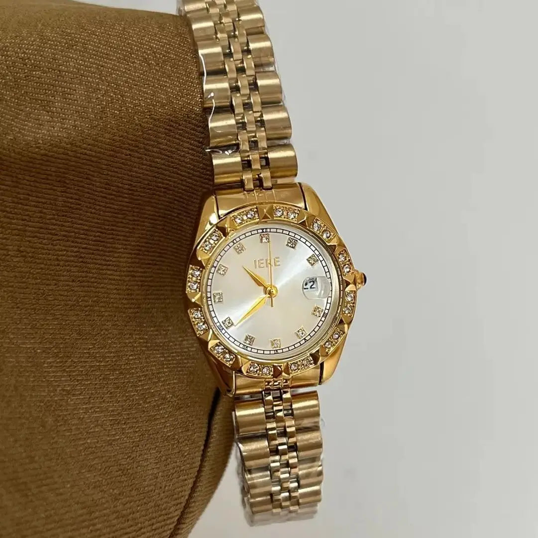 Women's Crystal Accented with Solid Alloy Steel Band Watch Elegant Dress Quartz Calendar Watches for Women