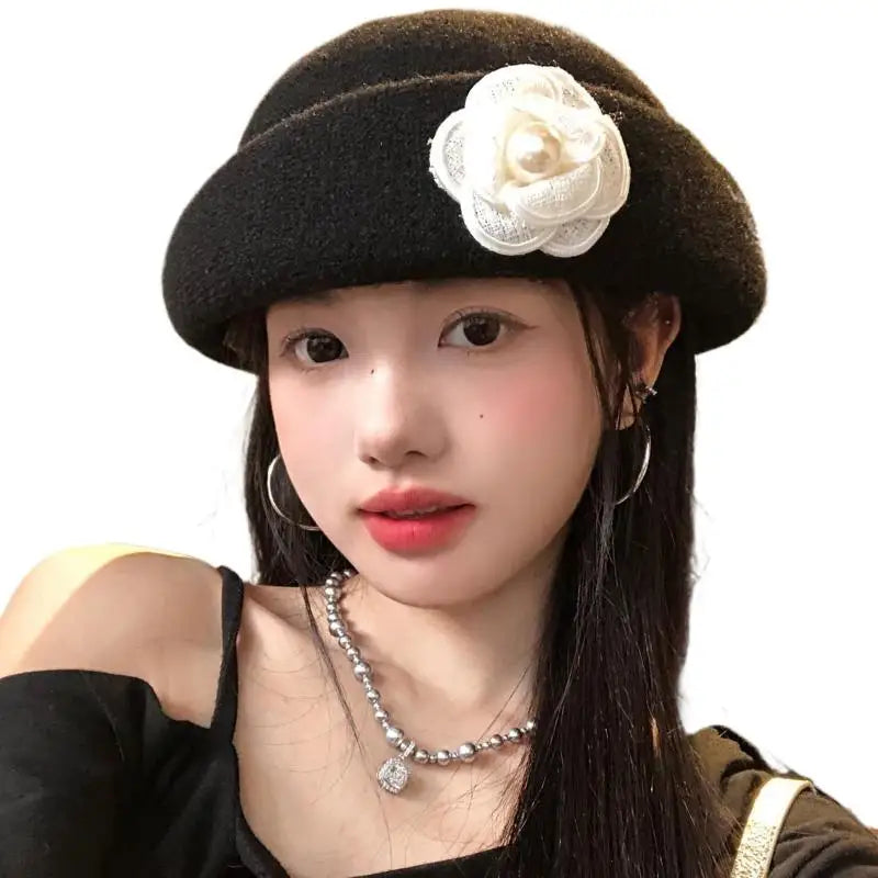 Elegant Autumn/Winter Retro-Styled Ruffled Camellia Heiress Hat for Women, French-style Fishermen's Top Hat.