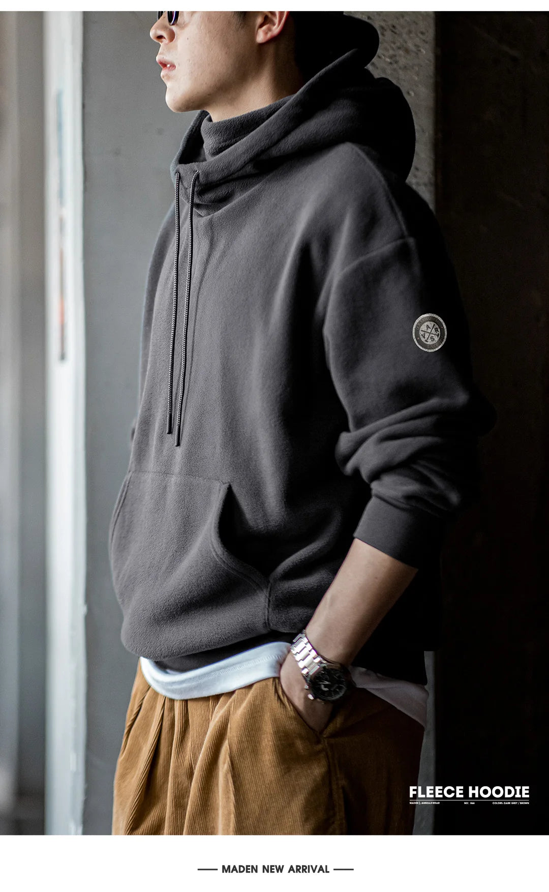 Maden Casual Polar Fleece Hooded Sweatshirt Solid Color Windproof Pullover with Face Mask Warm Tops for Men's Fall and Winter
