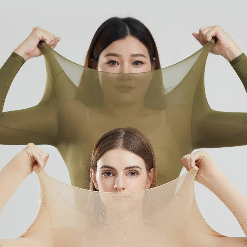 Women's Ultra-Thin Seamless Thermal Underwear High-Elasticity Warm Vest Slim Fit Top Casual Long Sleeves Lightweight Sleepwear