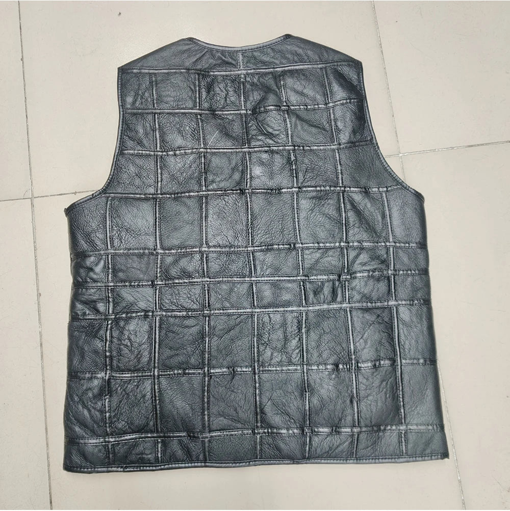 2026 Real Sheepskin Genuine Leather Vest Men Black Waistcoat Male Sleeveless Jacket Thick Motorcycle Vest Multi Pocket Zipper