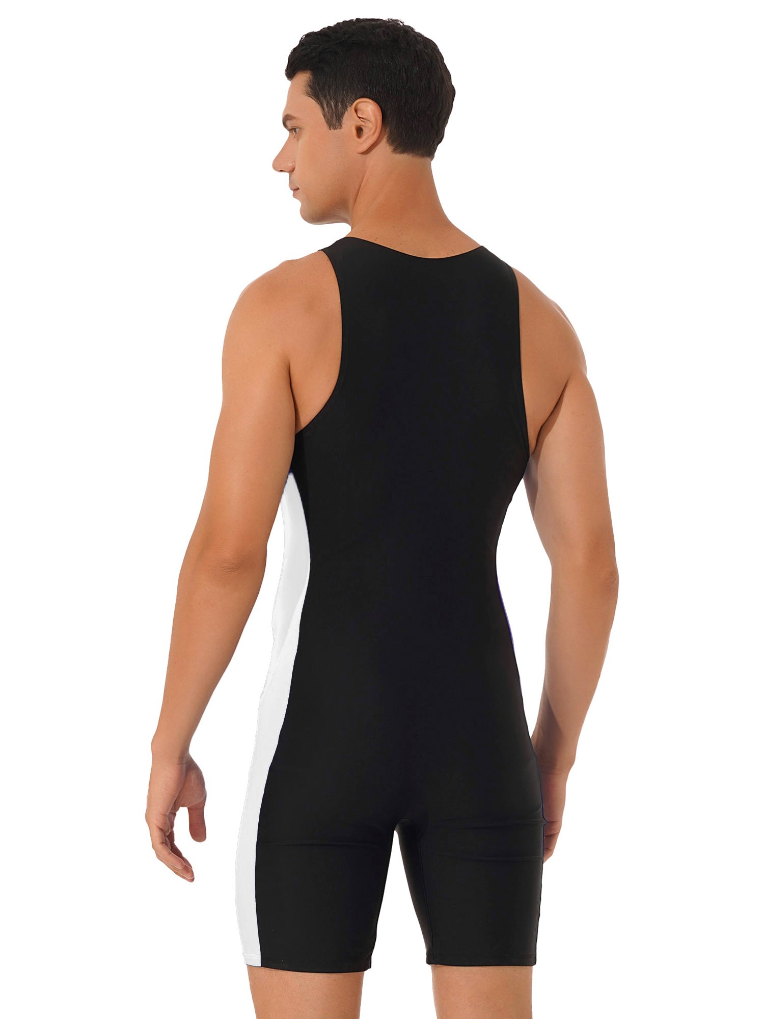 Mens Swimwear One-piece Wetsuit Swimming Bathing Suit Round Neck Sleeveless Side Shorts Bodysuit Triathlon Front Zipper Swimsuit