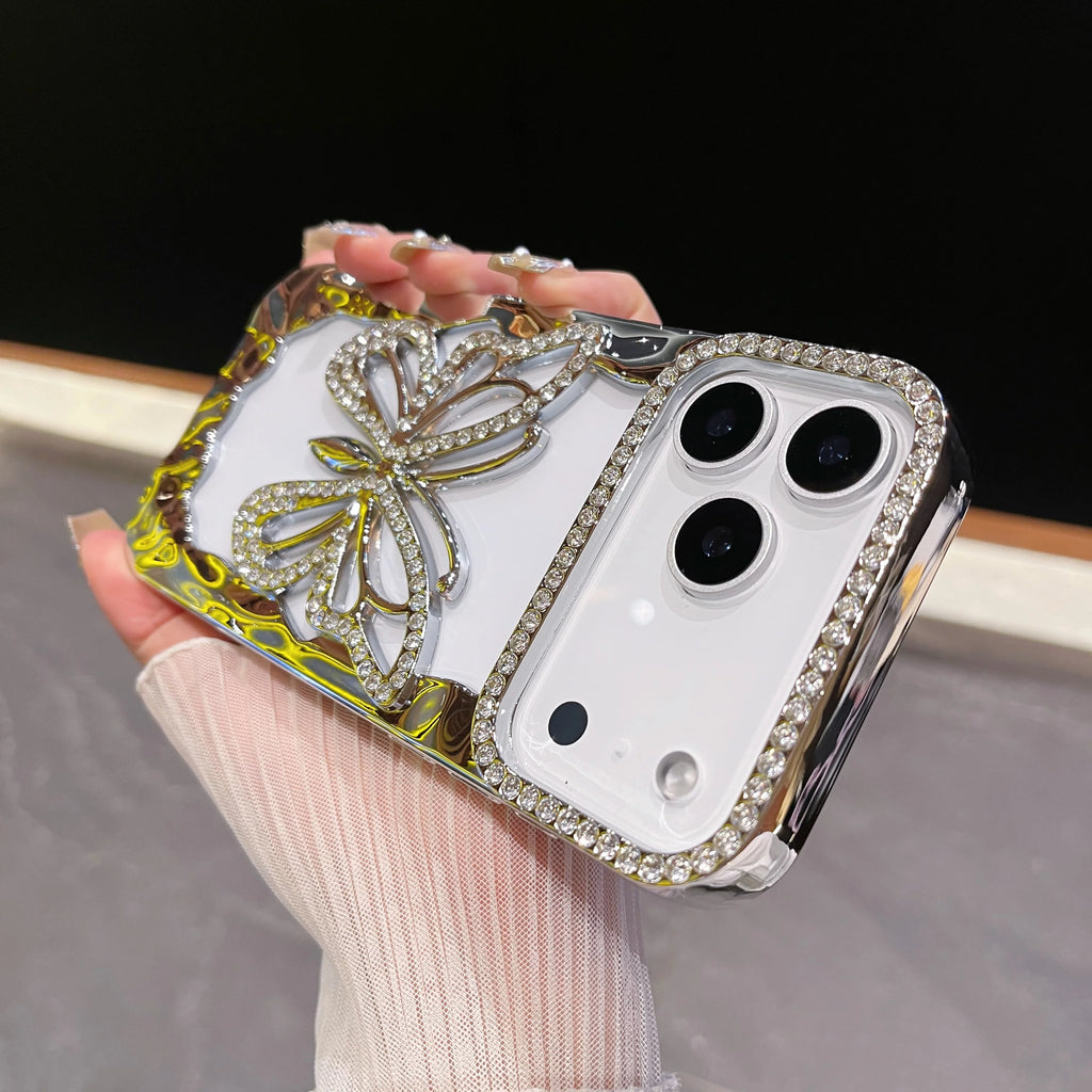 Bling Diamond Hollow Butterfly Phone Case For iPhone 17 Air 16 15 14 Plus 13 12 11 Pro Max Plating Glitter Shockproof Soft Cover