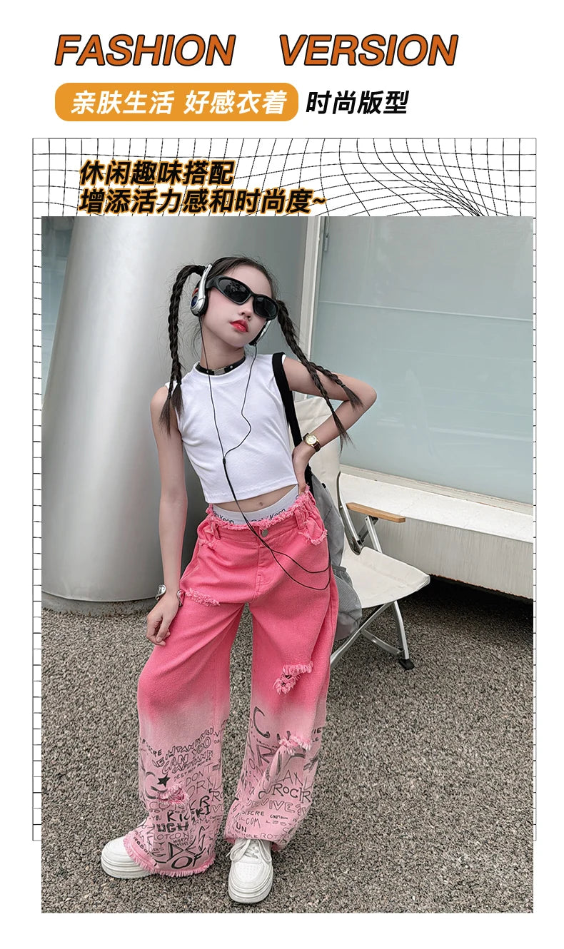 junior girls pink gradient color hole wide leg jeans cotton teenager kids Mop pants pant children trousers adolecentes 4 12 14