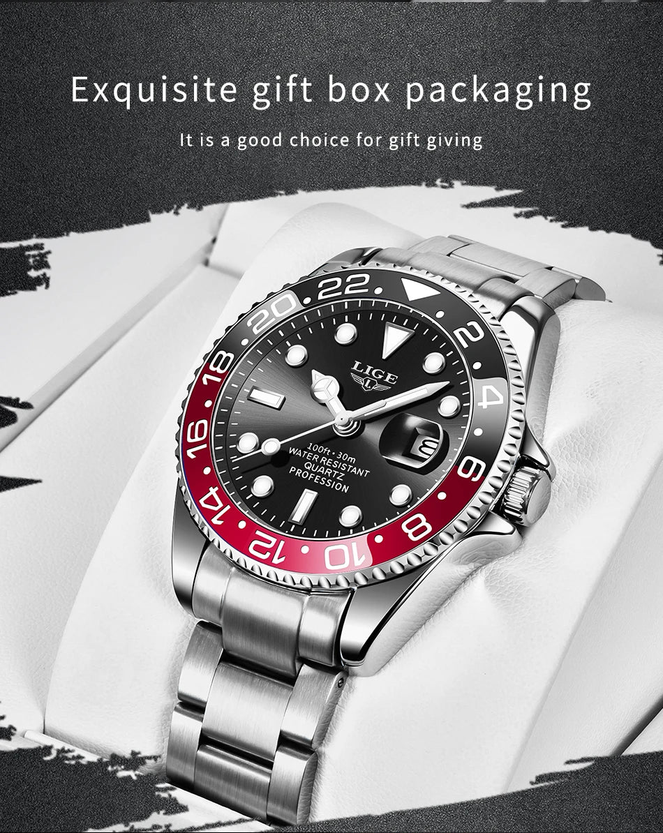 LIGE Top Brand Fashion Mens Watch Business Luxury Quartz Wristwatches Luminous Waterproof Steel Sports Watches Mens Gifts Reloj