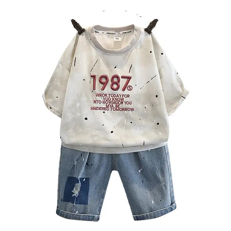 Summer Clothes Junior Boys Outfit Set Kids Outdoor Clothes for Children Letter Short Sleeve T-shirts + Denim Shorts 2 Piece Set