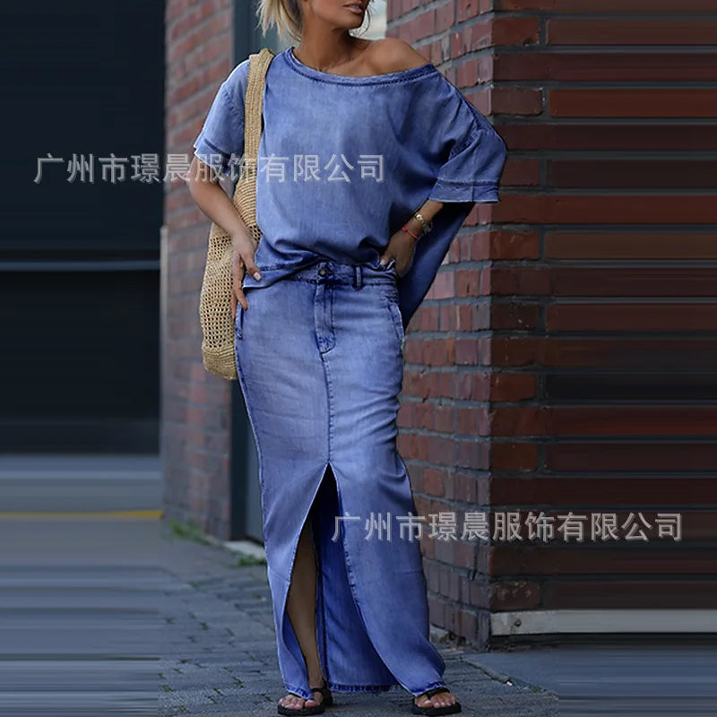 Denim Blue Fashion Split Skirt 2 Piece Set Casual Loose Off-the-shoulder Top + Slim Elegant Pencil Skirt Two-piece Set Women's