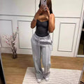 Women Pants Lace Up Ankle Length Loose Pants High Waist Zipper Capris Tracksuit Elegant Party Y2k Mom Pockets Streetwear Casual