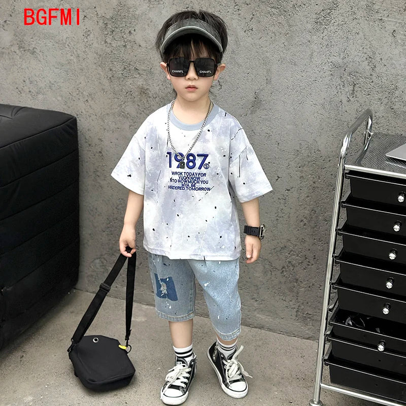 Summer Clothes Junior Boys Outfit Set Kids Outdoor Clothes for Children Letter Short Sleeve T-shirts + Denim Shorts 2 Piece Set