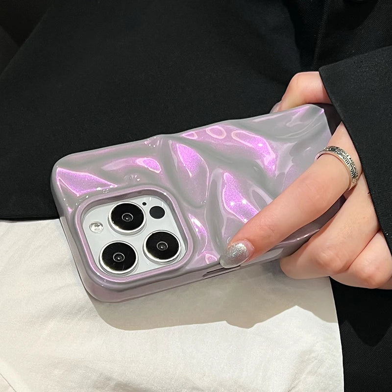 Fashion Dazzling Purple Glossy Wrinkled Texture Case For iPhone 16 Pro Max 17 15 14 Plus 13 12 11 Soft Phone Back Cover Shell