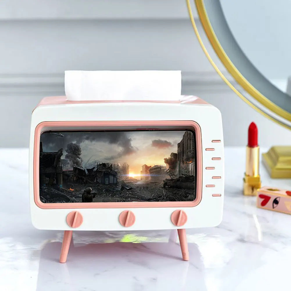 Creative Cartoon TV Shape Tissue Box Mobile Phone Holder Stand Home Living Room Office Toilet Tissue Box Kawaii Desktop Decor