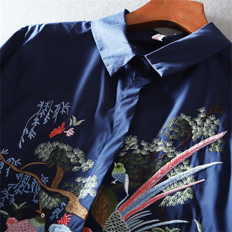 Literature Art Blouse For Women Shirt China Blusas Chic Embroidery Flower Blouses Loose Shirt Medium Length Vintage shirt Top