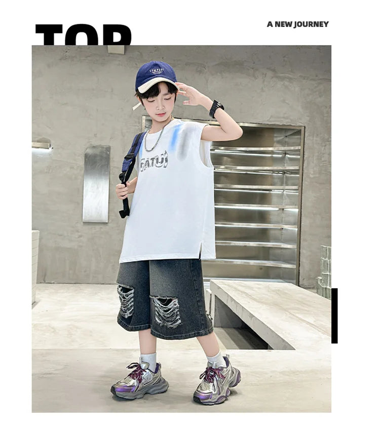 Junior Boys Summer Suit Children's Fashion Sleeveless Vest and Hole Jeans Shorts Clothing Sets for Kids 5 7 9 11 13 14 Years Old