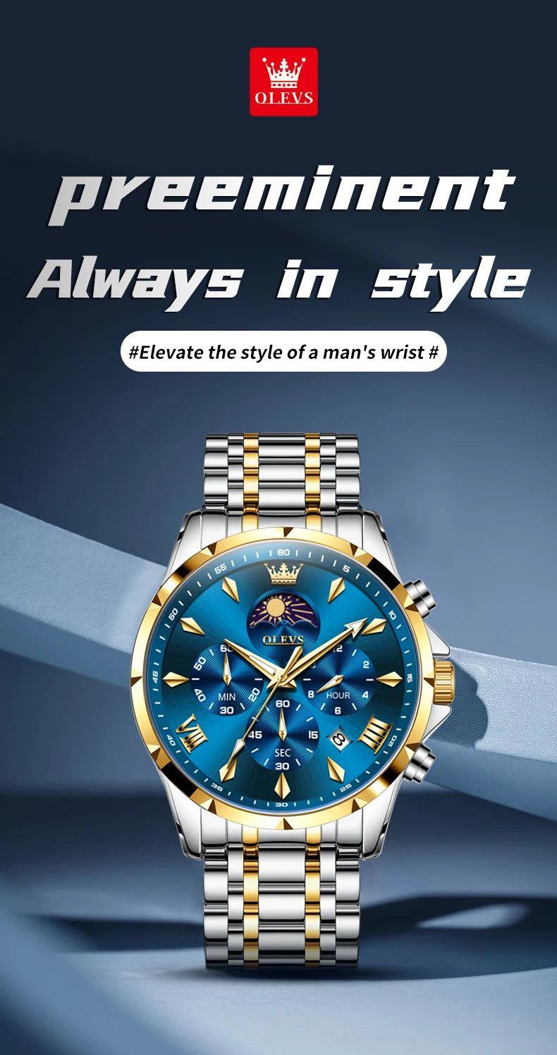 OLEVS 3653 Luminous Chronograph Stainless Steel Quartz Watch for Men Waterproof Sports Calendar Date Wristwatches Reloj Hombre
