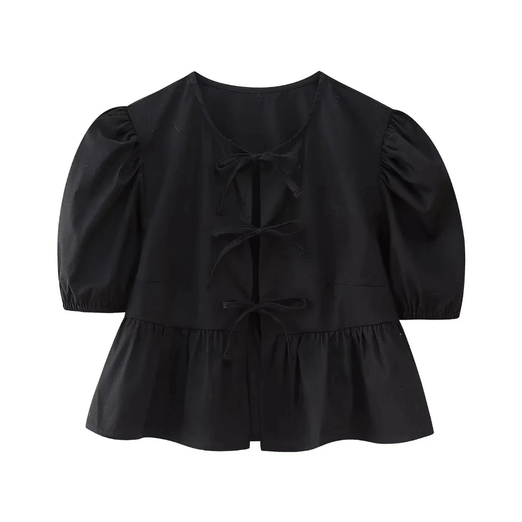 HH Women Causal O Neck Short Puff Sleeve Shirt Sweet White Bow Lace Up Tops 2024 New Fashion Chic Female Streetwear Blouse