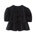 HH Women Causal O Neck Short Puff Sleeve Shirt Sweet White Bow Lace Up Tops 2024 New Fashion Chic Female Streetwear Blouse