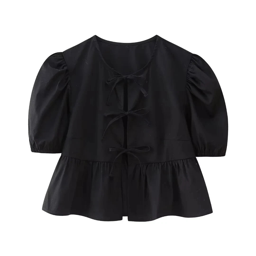 HH Women Causal O Neck Short Puff Sleeve Shirt Sweet White Bow Lace Up Tops 2024 New Fashion Chic Female Streetwear Blouse