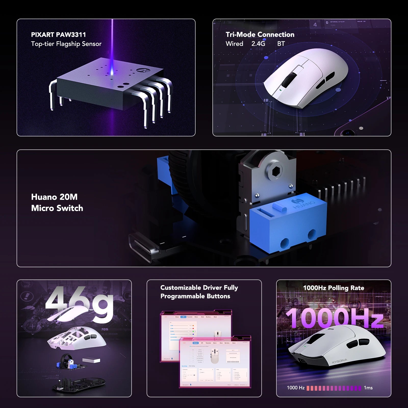 KYSONA Jupiter SE Wireless Gaming Mouse Bluetooth Mice PAW3311 Sensor 24000DPI Lightweight 46g For Big Hands PC Laptop Gamer