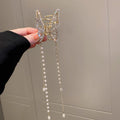 DREJEW Butterfly Hairbands for Women Rhinestone Crystal Long Tassel Chain Headband Simulated Pearl Headwear Hair Accessories
