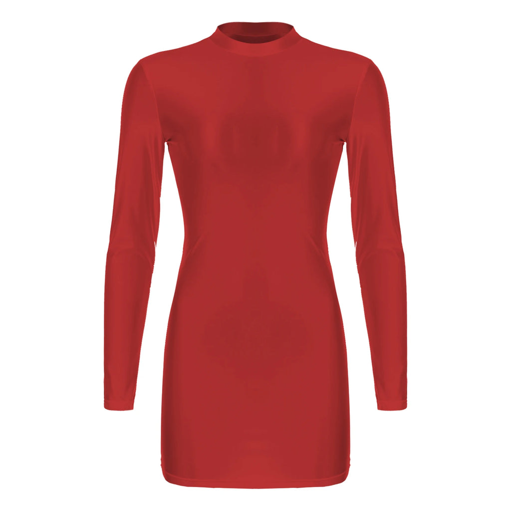 Women's  Solid Color Smooth Stretchy Mock Neck Tight Party Dresses Female Dresses Glossy Long Sleeve Bodycon Dress Nightwear
