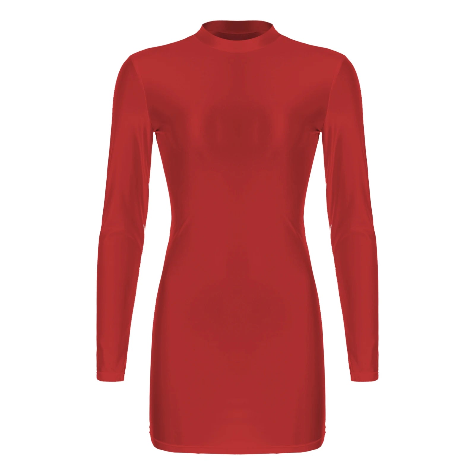 Women's  Solid Color Smooth Stretchy Mock Neck Tight Party Dresses Female Dresses Glossy Long Sleeve Bodycon Dress Nightwear