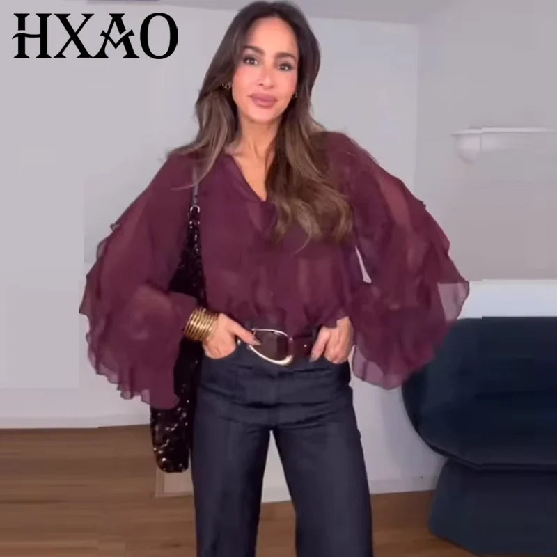 HXAO 2025 Shirts & Blouses Ruffle Elegant Women's Shirt Spring Long Sleeve Plain Shirts Women Semi Transparent Blouses For Lady