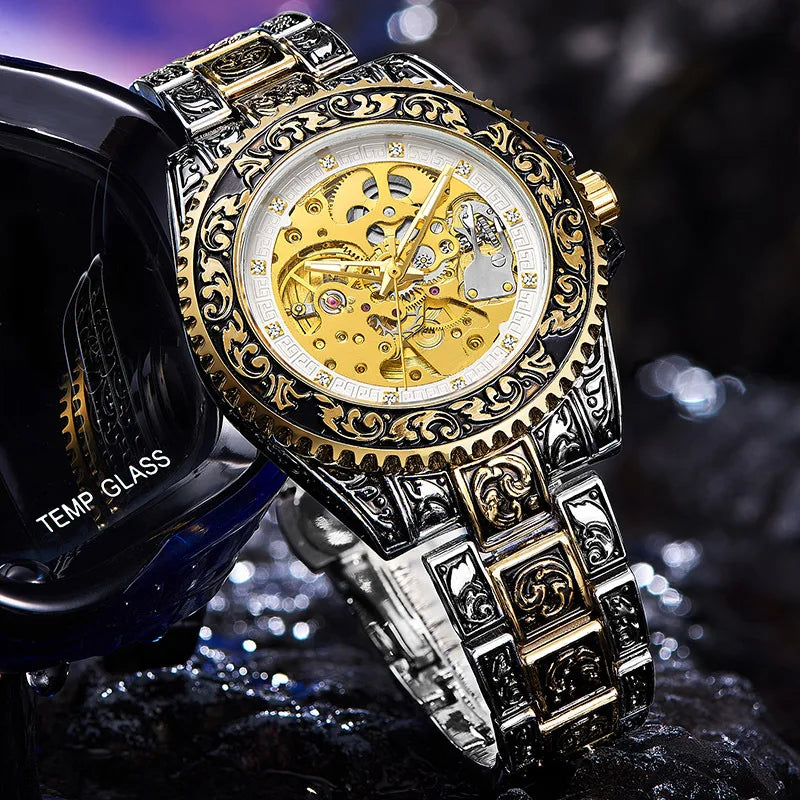 UTHAI M11 New Men watch hollowed out retro carved automatic mechanical watch cool clock gift，watches for man