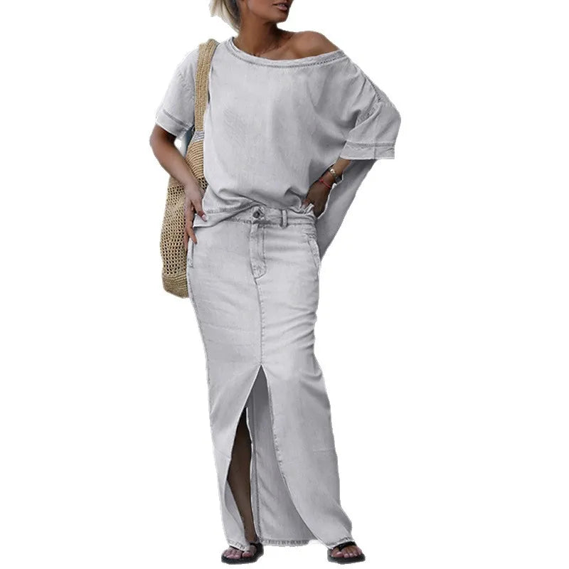Denim Blue Fashion Split Skirt 2 Piece Set Casual Loose Off-the-shoulder Top + Slim Elegant Pencil Skirt Two-piece Set Women's
