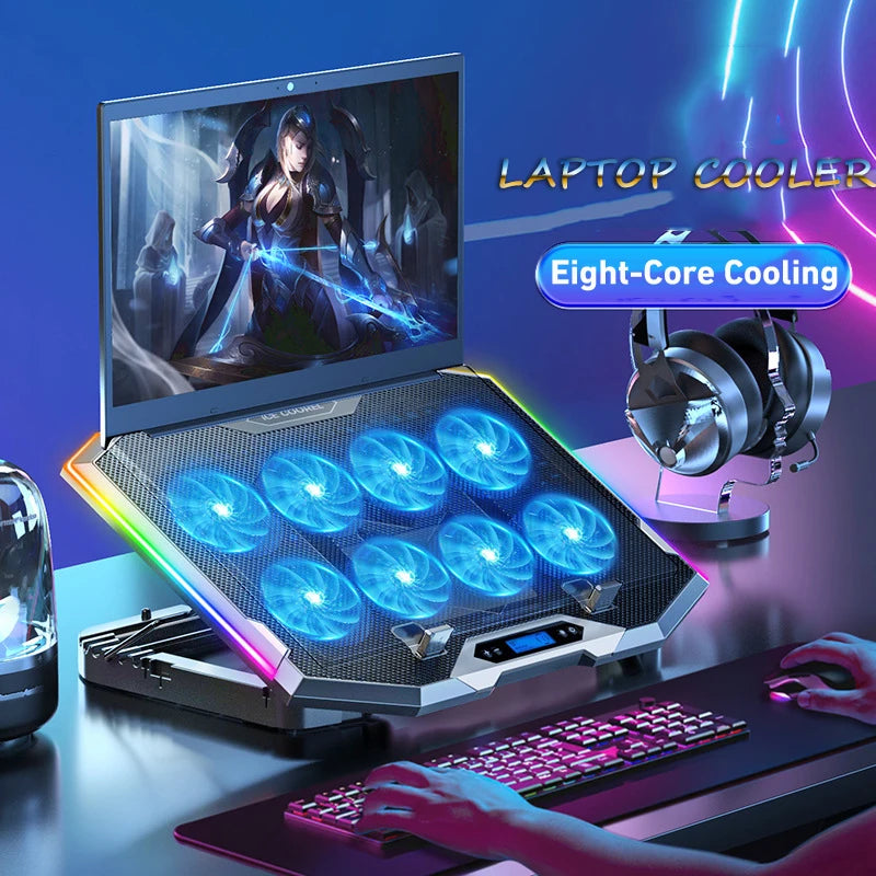 ICE COOREL Gaming RGB Laptop Cooler 12-18 Inch Led Screen Laptop Cooling Pad 3500 RPM 8 fans 2 USB Ports Notebook Cooler Stand