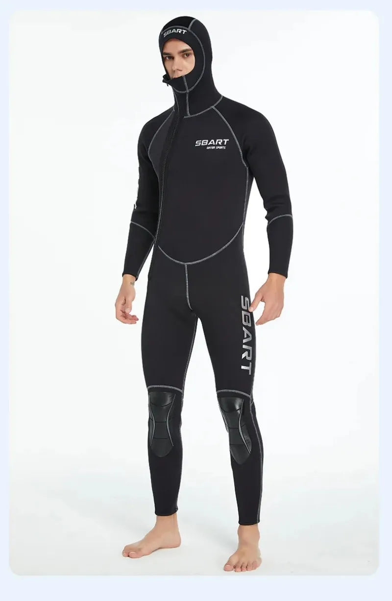 SBART 3mm One-piece Neoprene Wetsuit Men Hooded Warm Long Sleeve Diving Suit Cold Proof Sunscreen Surfing Swimming Snorkeling