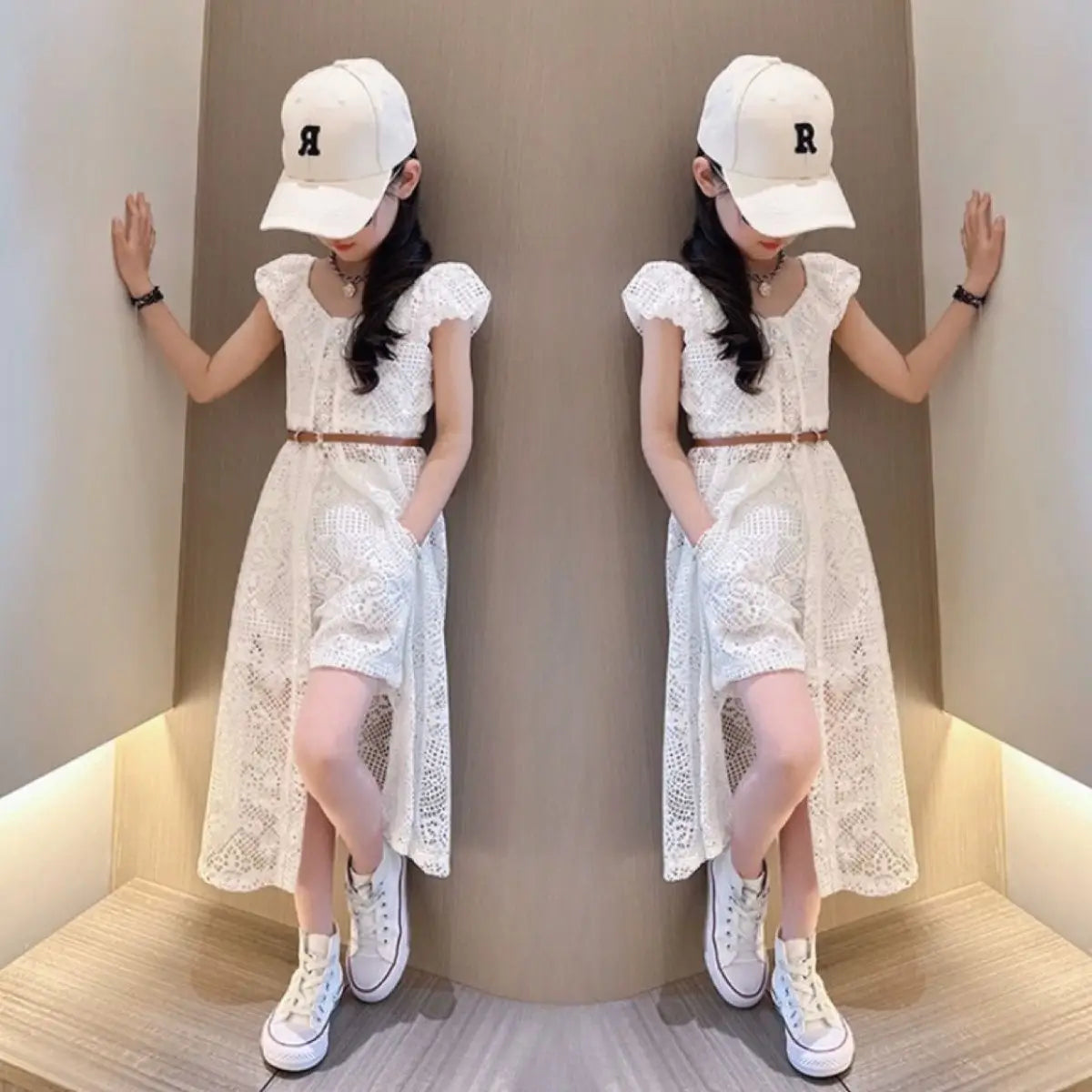 Girls' Set 2025 New Summer Korean  Lace Hollow Set Elegant Medium sized Children's Dress