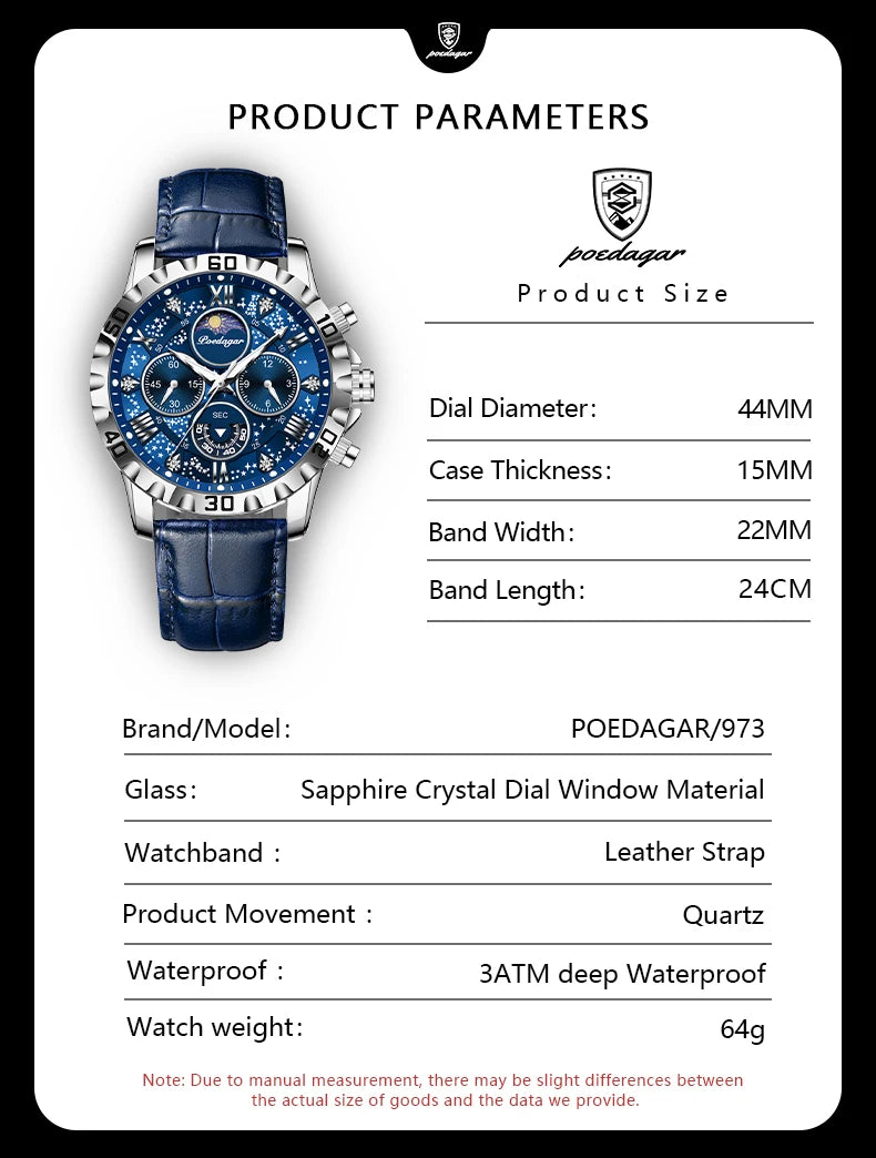 POEDAGAR Original Military Man Wristwatch Waterproof Luminous Chronograph Leather Strap Watches For Men Quartz Men's Watch Reloj