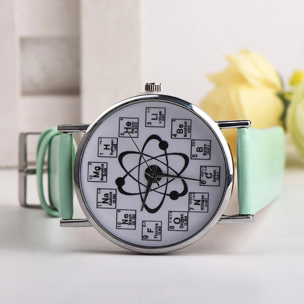 Ladies Watches Creative Design Chemical Element Markers Molecule Pattern Watches Leather Band Quartz Wristwatch Watch Women
