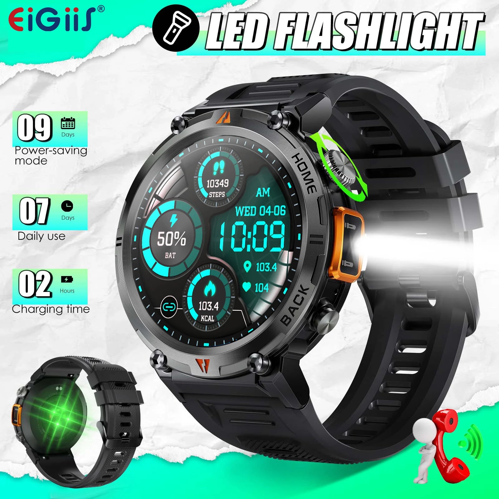 EIGIIS Smart Watch 3ATM Waterproof 2023 Original Design For Men Bluetooth Call Health Monitor With Flashlight 100+ Sports Modes