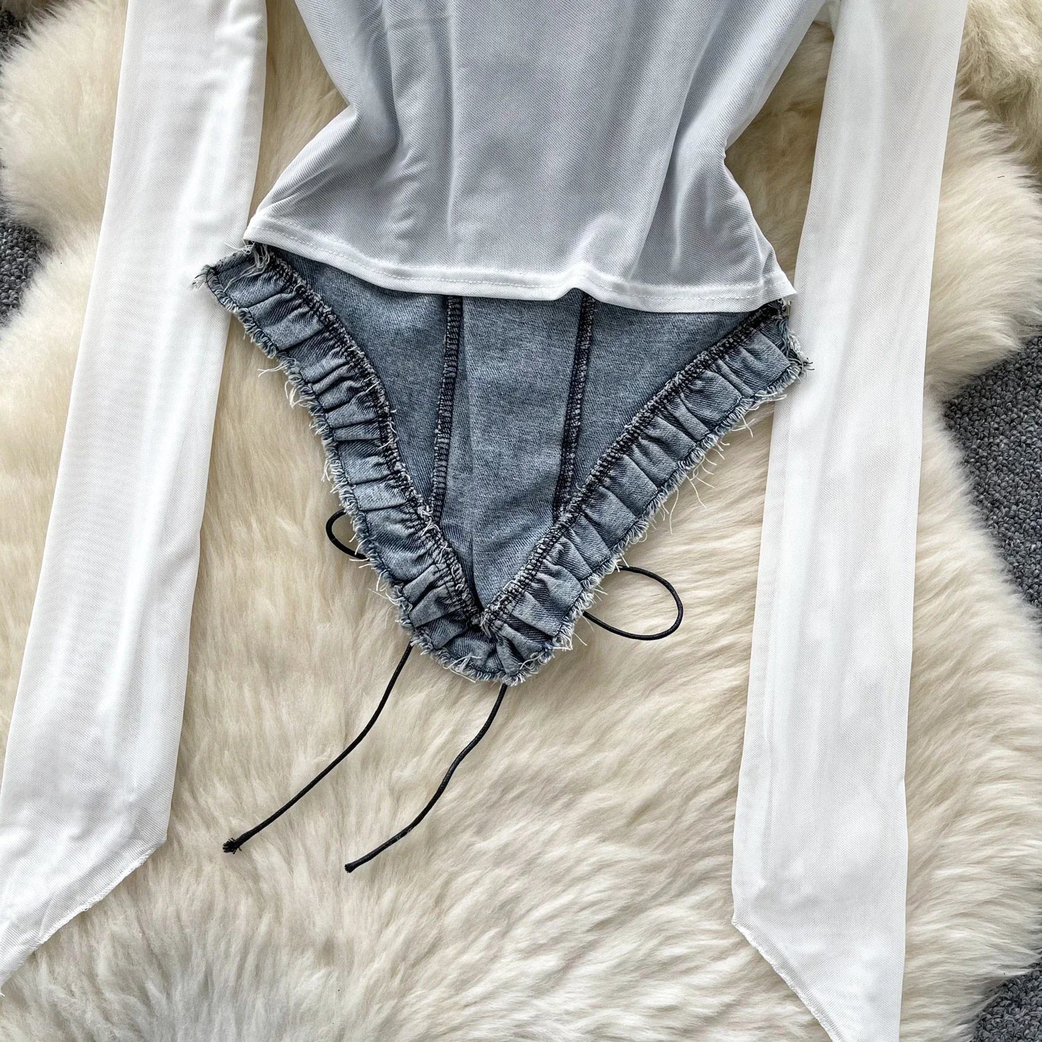 2025 New American Retro Patchwork Sexy Blouse Women Squre Neck Long Sleeves Sheer Top Streetwear Ins Lace Up Denim Shirt