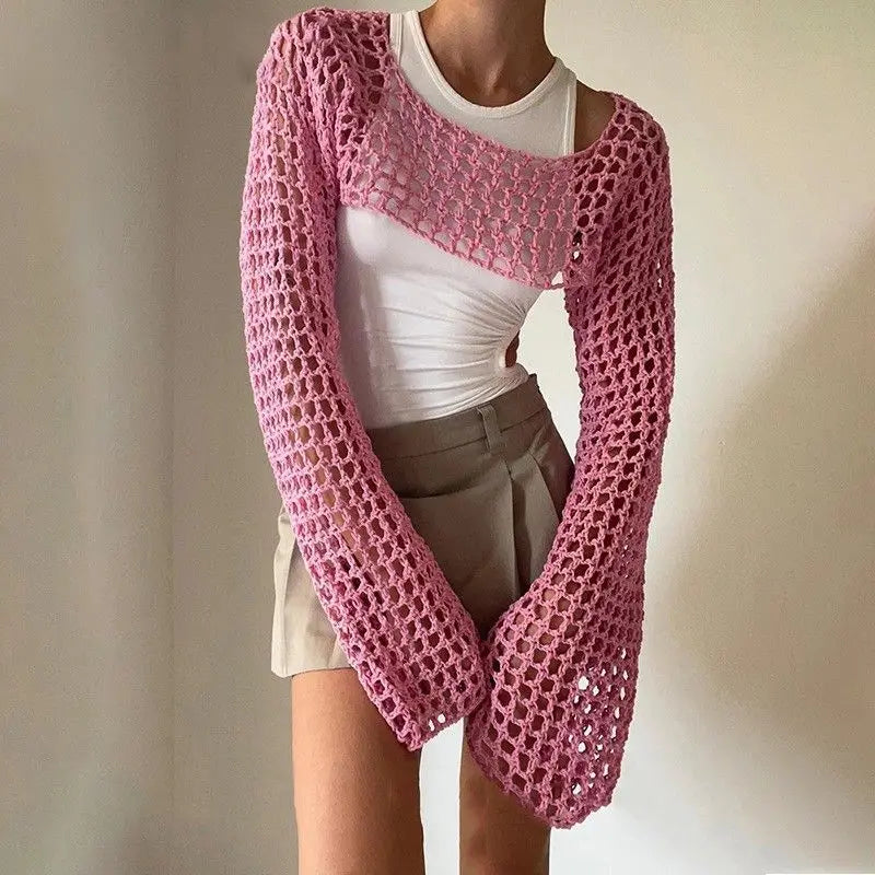 JOEVILU Cropped Knit Top Oversized Slimming Mesh Sunscreen Cover-Up Women's Thin Long Sleeve Breathable Sun Protection Blouses