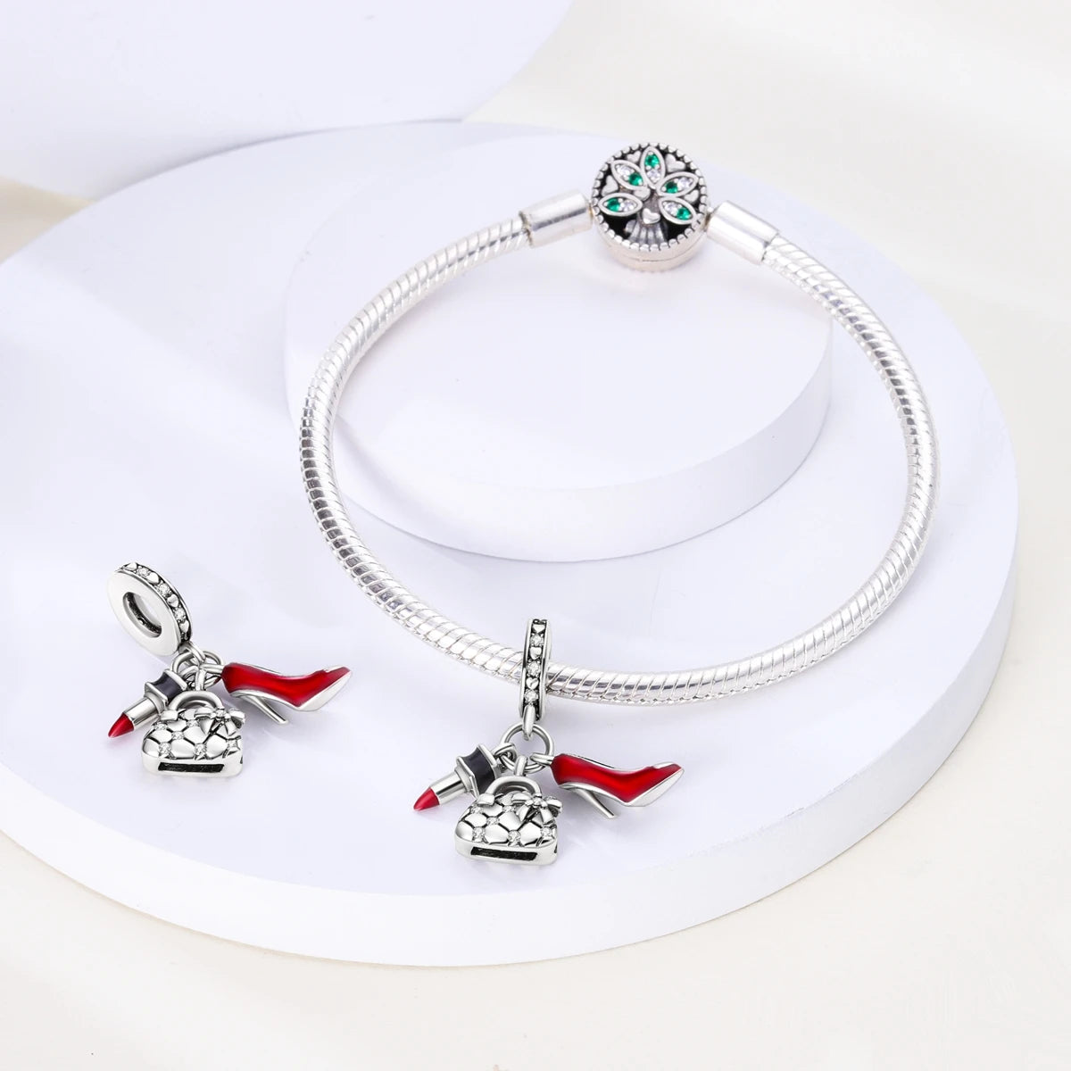925 Silver Lipstick High Heels Charms For Lady Pendant Fit Original Bracelet DIY Ornament
