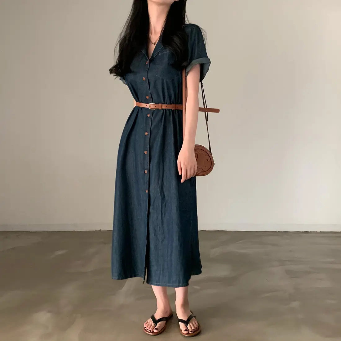 Slimming Chic Retro Chic Long Dr with Belt High Waist A-Line Skirt ort Sve Korean Sle Commute Dr Denim Dr