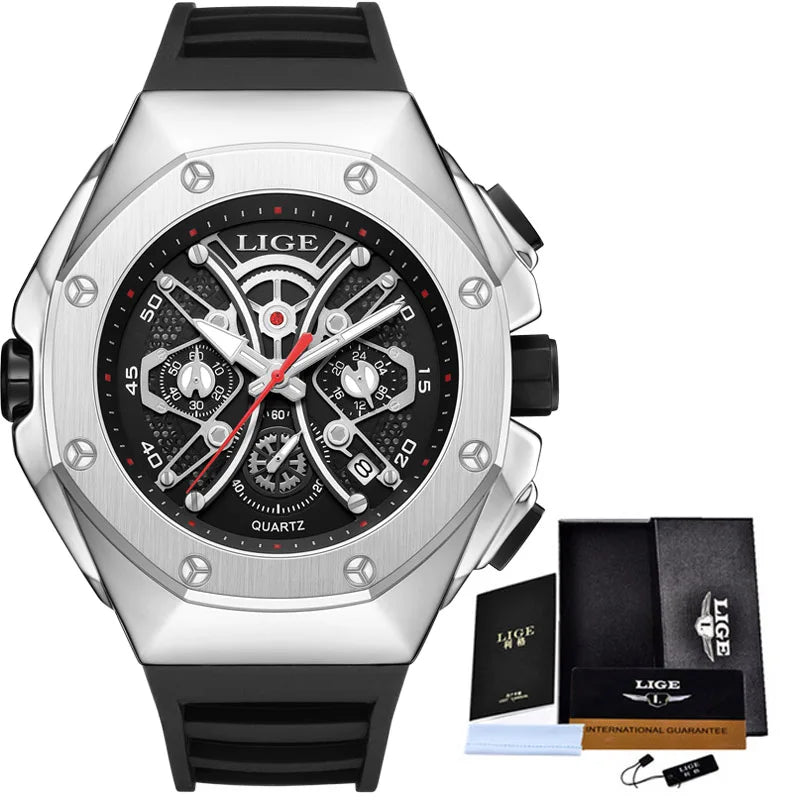 LIGE Mens Watches Top Brand Luxury Fashion Waterproof Watch For Men Silicone Sport Military Chronograph Wristwatch Montre Homme