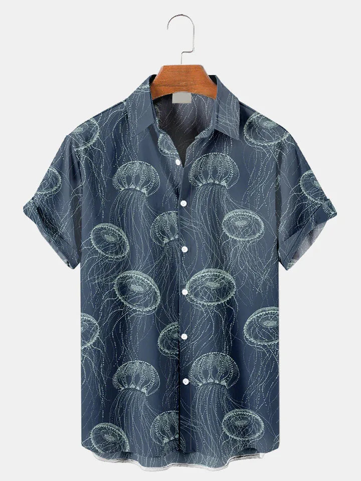 Fashion Men's Casual Sea Life Graphic Short Sleeve Shirt Button Down Lapel Shirts Oversized Tops Casual Hawaiian Shirt for Man