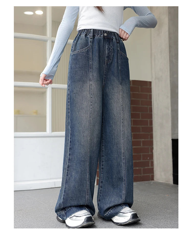 Teenager Girl Blue Jeans Fashion Retro Straight Leg Children Trousers Youth Lady Baggy Vintage Wash Casual Denim Pants Age 8-16Y