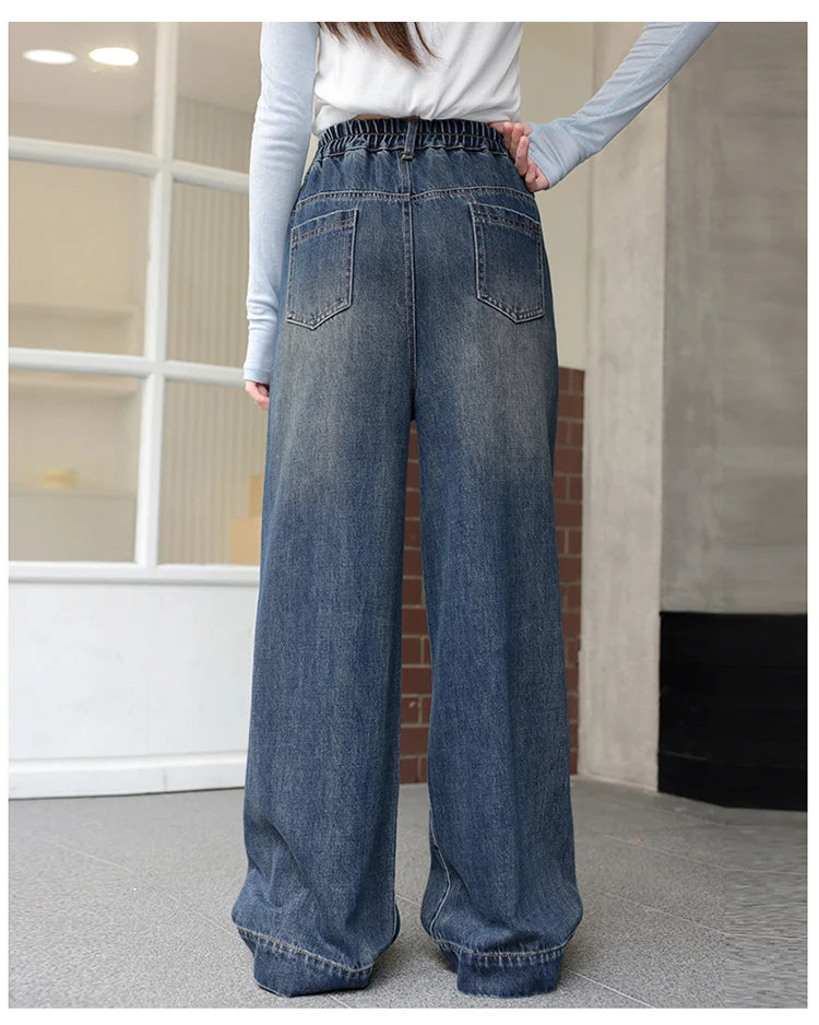 Teenager Girl Blue Jeans Fashion Retro Straight Leg Children Trousers Youth Lady Baggy Vintage Wash Casual Denim Pants Age 8-16Y