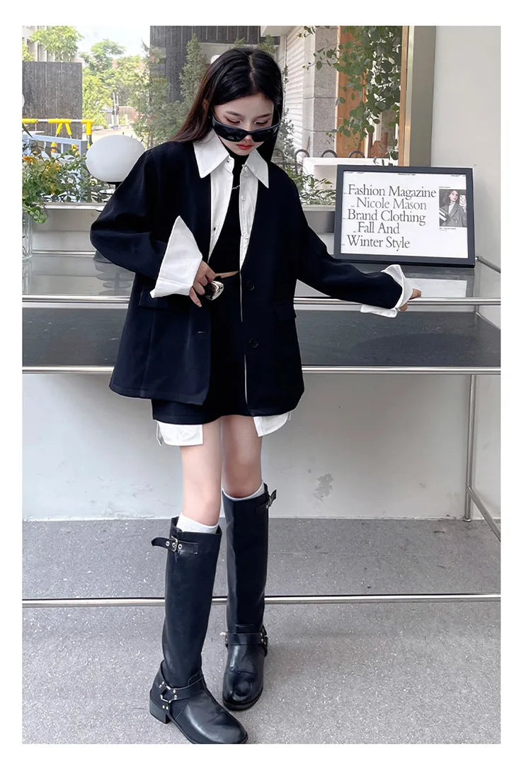 Girls' Suit Set Ages 5-14 Trendy Spliced Two-Piece Outfit with Jacket And Short Skirt for Children's Fashion Shows Machine Wa...