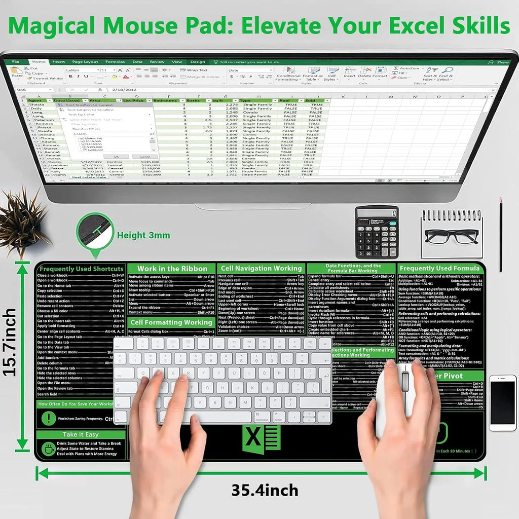 Excel Cheat Sheet Desk Pad, Excel Shortcuts Mousepad Stitched Edges, Non-Slip Base Keyboard Mats, XXL Mouse Pads for Desk Mat