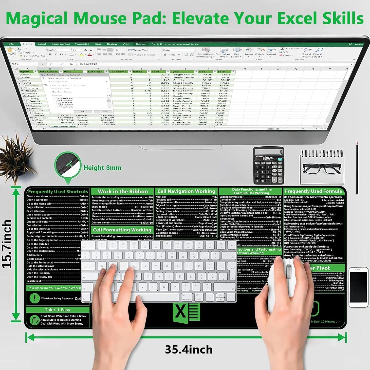 Excel Cheat Sheet Desk Pad, Excel Shortcuts Mousepad Stitched Edges, Non-Slip Base Keyboard Mats, XXL Mouse Pads for Desk Mat