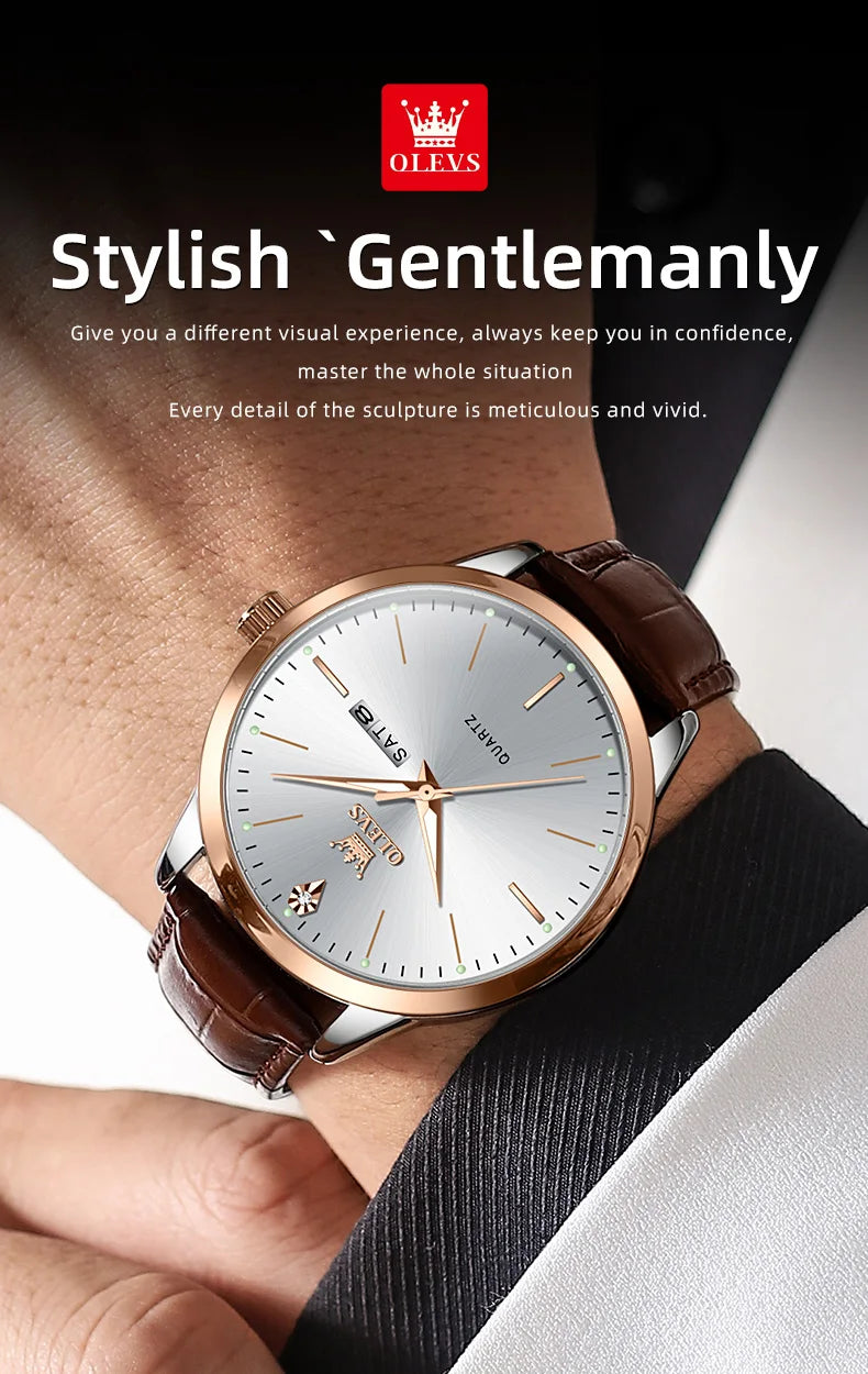 OLEVS 2935 Original Business Men Watch Leather Strap Trend Week Calendar Quartz Watch Luminous Waterproof 43mm Dial wristwatch