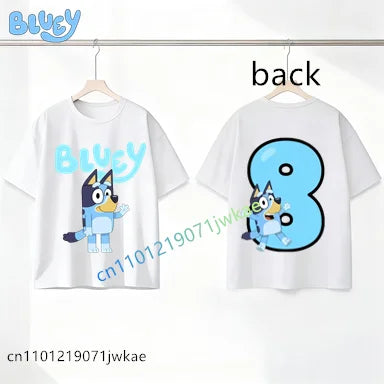 Bluey Birthday Number T-shirt 1-9 Y Kids Front Back Print Cute Cartoon Short Sleeve Boys Girls Summer Tops Birthday Party Gifts